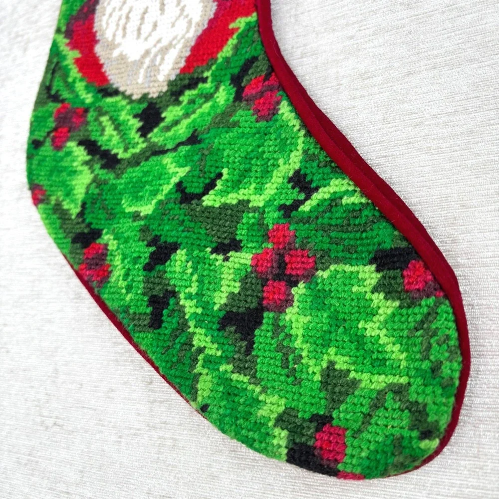 Vintage Needlepoint Cross Stitch Santa Garland Bow Christmas Stocking 18 in